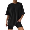 thumbnail image 2 of B91xZ Haut Court à Manches Courtes pour Femmes Mode Col Rond T-Shirt Manches Courtes Printemps Été Blouse Ample, Noir L, 2 of 4