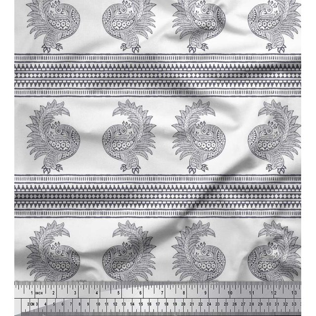 Soimoi Polyester Crepe Fabric Peacock Block Printed Craft Fabric by The Yard 42 Inch Wide