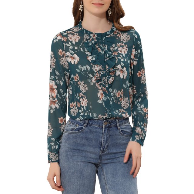 INSPIRE CHIC Women's Ruffle Collar Long Sleeve Button Down Floral Shirt XL Green