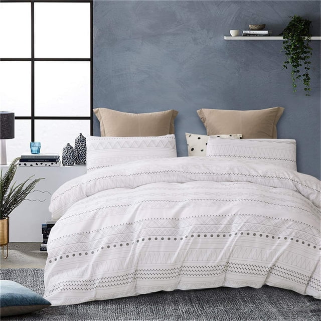 3 Pcs Queen Boho Duvet Cover, Grey Geometric Pattern Printed on White Soft Mircofiber Bohemian Comforter Cover Bedding Set