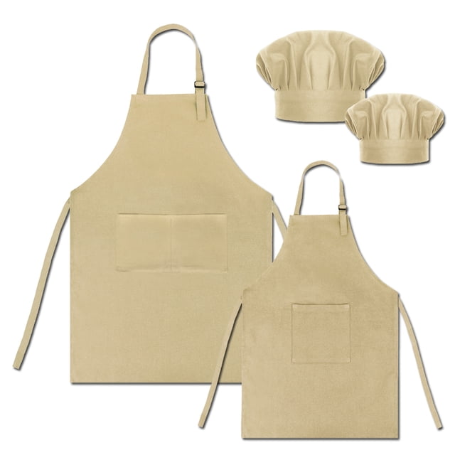 TOPTIE Tabliers de Cuisine en Toile de Coton pour Enfants et Parents et Ensemble de Toque de Chef