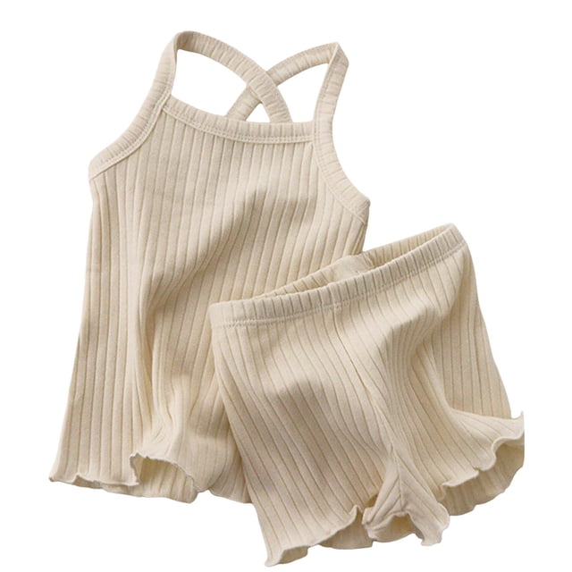 WEIYLL Pajama Set For Girls Childrens Ribbed Suspender Baby Home Female Baby Beige Outfit Suit Size 100