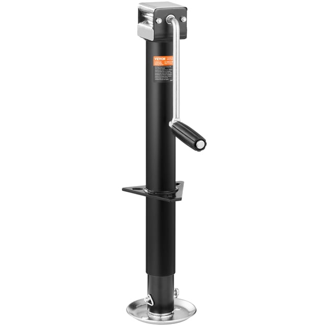 VEVOR Trailer Jack, a heavy-duty A-frame tongue jack with a 5000 lb weight capacity, shown in a front-facing view. Features a black carbon steel body with a rust-proof electroplated coating, ergonomic handle, and galvanized base for stability. Offers adjustable height and bolt-on installation for RV trailers, horse trailers, utility trailers, and yacht trailers.