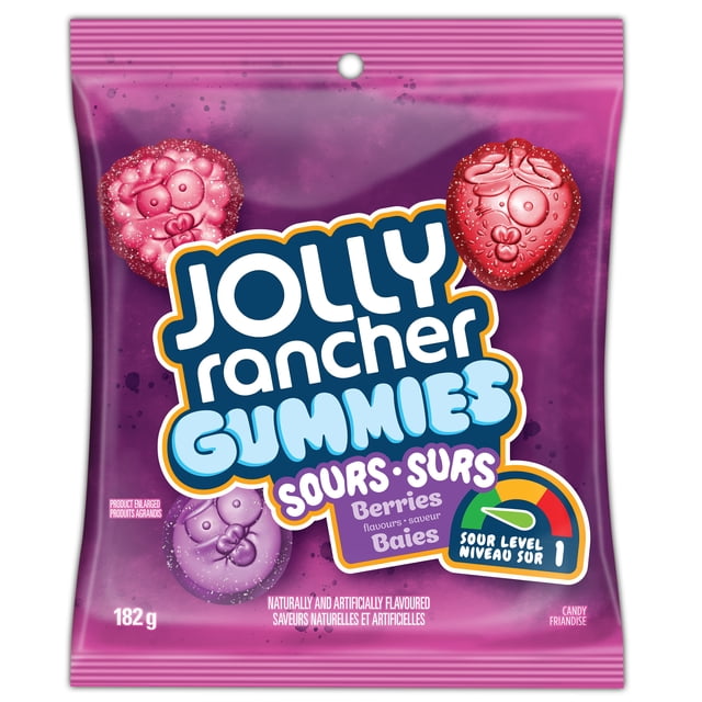 JOLLY RANCHER Gummies Sours Berries Flavours 182g bag of chewy multicolour gummy candies shaped like strawberry, raspberry, and grape berries with sour level 1 indicator on purple packaging, ideal for snacking and sharing.