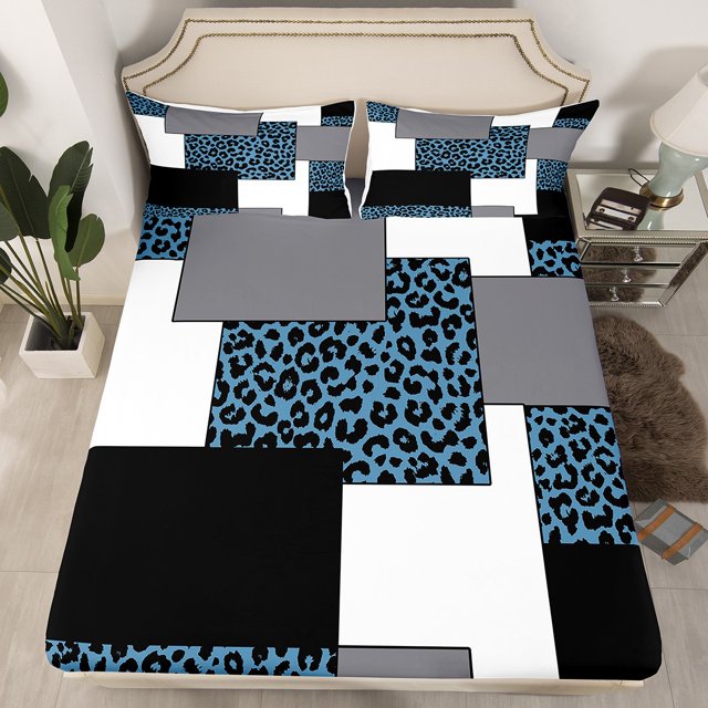YST Black White Striped Bed Sheets Full,Navy Blue Leopard Pattern Fitted Sheet,Geometric Bed Set,Modern Square Bedding Set with 2 Pillowcases Wrinkle Free,no Top Sheet(No Top Sheet)