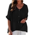 thumbnail image 1 of asjyhkr Womens Linen T Shirts Loose Fitting V Neck Button Lightweight Summer Tops Solid Color Tees, 1 of 7