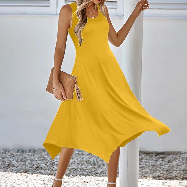 EQWLJWE Robes Maxi Fluides pour Femmes à Fleurs, Robes Mini Bohèmes à Volants pour Femmes, Robe Décontractée Ample Sans Manches à Col Rond, Ligne A, Ourlet Irrégulier, Robe de Soirée à Fleurs Évasée, Robe d'Été de Plage