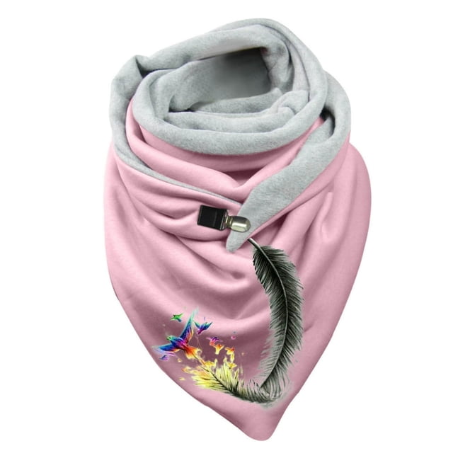Women Feather Print Cotton Winter Warm Button Up Scarf