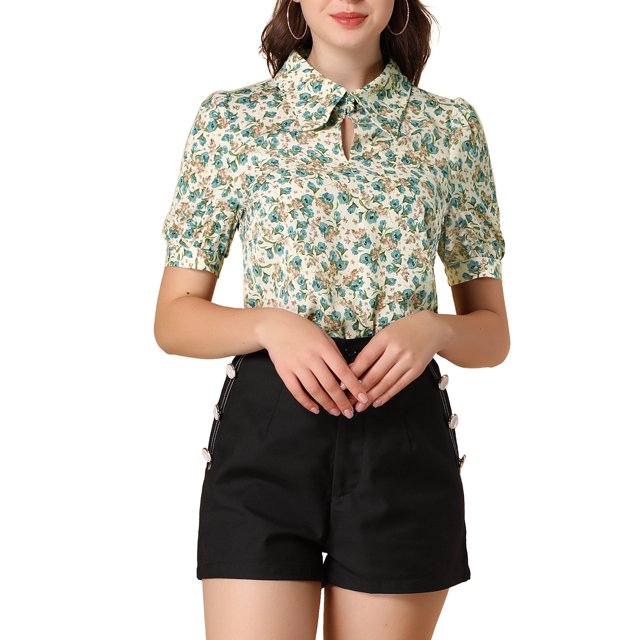 INSPIRE CHIC Blouse Femme Col Rabattu Col Fendu Manches Bouffantes Chemise en Chiffon TG Beige