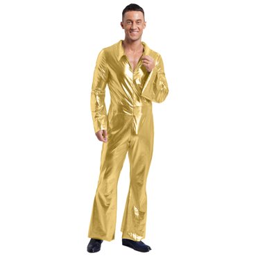 YiZYiF 70s Disco Jumpsuit for Men Shiny Metallic Wide Leg Pants Romper Halloween Rave Party Costume Gold XL