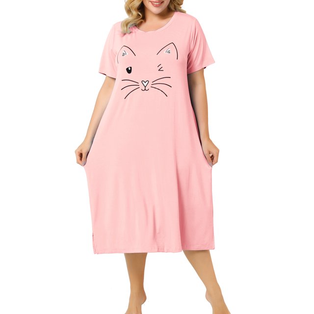 Agnes Orinda Nuisettes pour Femmes Grande Taille Col Ras du Cou Manches Courtes Robe de Nuit Imprimé Chats Pyjamas Détente Maison avec Poche 4X Rose