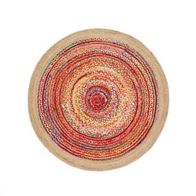Indian Handmade Braided Multi Color Cotton with Natural Jute Round Rugs , Home Decor Carpet Size 2 x 2 Feet Round ( 60 cm x 60 cm)