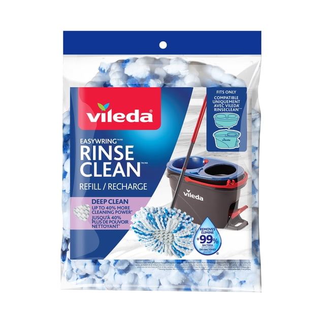 Vileda RinseClean™ Deep Clean Spin Mop Head Replacement with dense white and blue microfibre strands and grey scrubbing pad center, designed for the Vileda RinseClean spin mop system, providing up to 40% more cleaning power and removing over 99% of bacteria on hard surface floors.