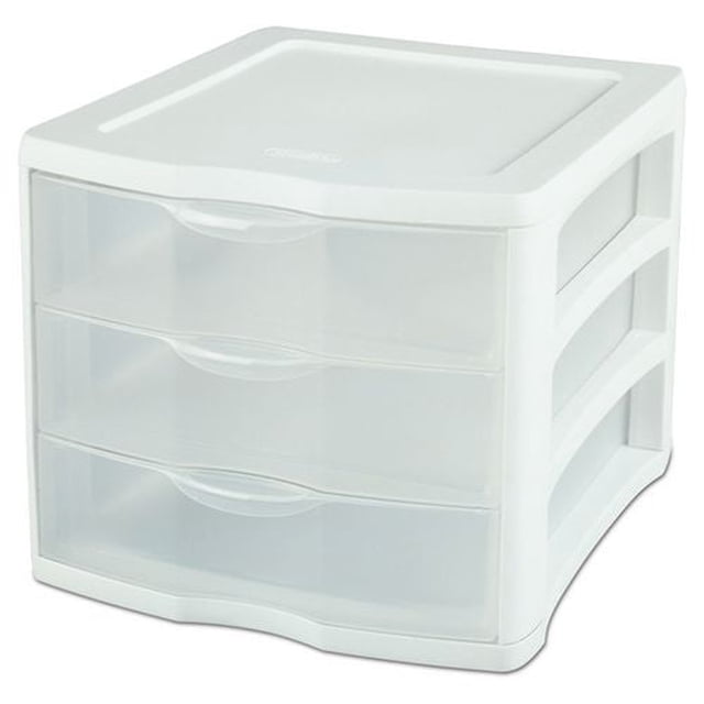 Sterilite 3 Drawer White Unit with three clear drawers and ergonomic handles in a white plastic frame, designed for countertop storage to organize office supplies, crafts, or small household items, stackable for customizable storage solutions.
