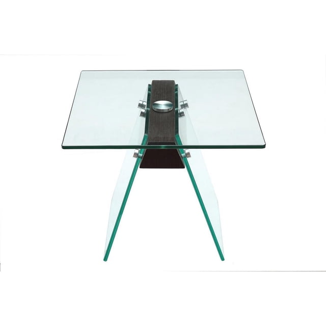 Canadian Table d'Appoint Wills Noyer Foncé avec Dessus et Pattes en Verre Trempé Transparent, Présentant un Bloc d'Articulation central en Placage de Bois Noyer Foncé Sécurisé par des Attaches Métalliques, Montré dans une Vue avant Centrée sur un Fond Blanc, Souvent Utilisé comme Table d'Appoint Moderne pour Salon.