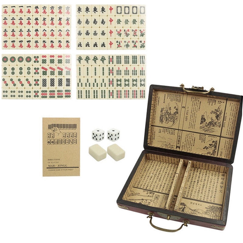 DEBGFS Portable Mahjong Chinese 144 Tiles Mah-Jong Set with Leather Box ...