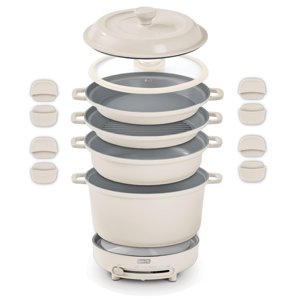 Dash Stacks 16-Piece Ceramic Nonstick Cookware Set with Electric Burner Pots and Pans Set Stackable Nesting Kitchen Pots and Pans Small Kitchen Oven Safe Cream