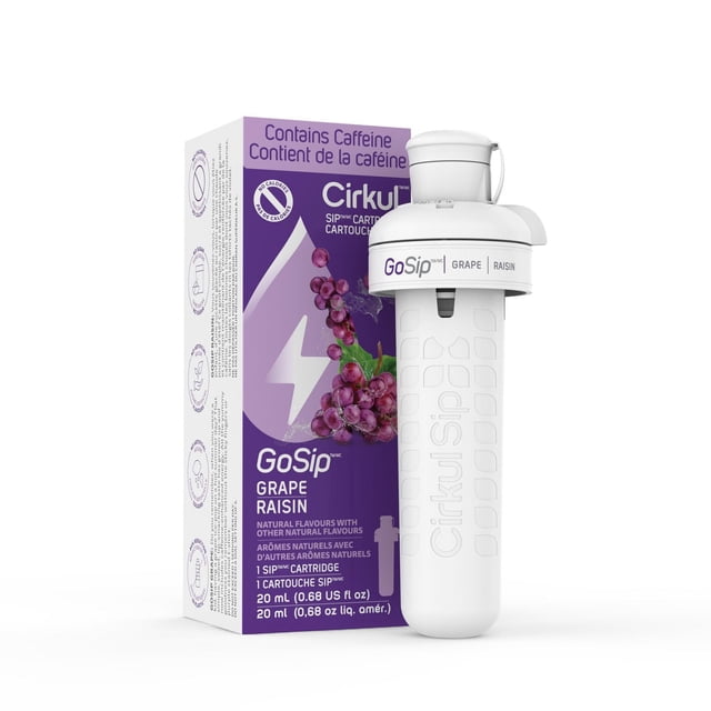 Cirkul GoSip Grape Flavor Cartridge 1-pack with a white cylindrical cartridge featuring a flavor dial labeled grape and raisin, displayed next to its purple box showing grape imagery and caffeine content, designed for flavouring water with natural grape taste and zero calories.