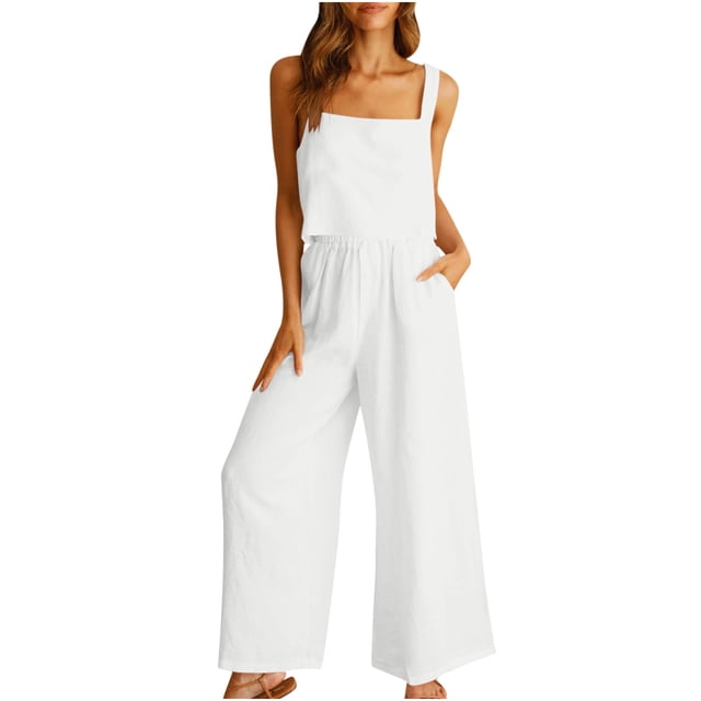 Ensemble Décontracté 2 Pcs pour Femme Short en Lin Haut Sans Manches Gilet Haut/chemise Sans Manches à Col Rond Ensemble Robes de Cocktail 1- Robes Blanches pour Femmes m