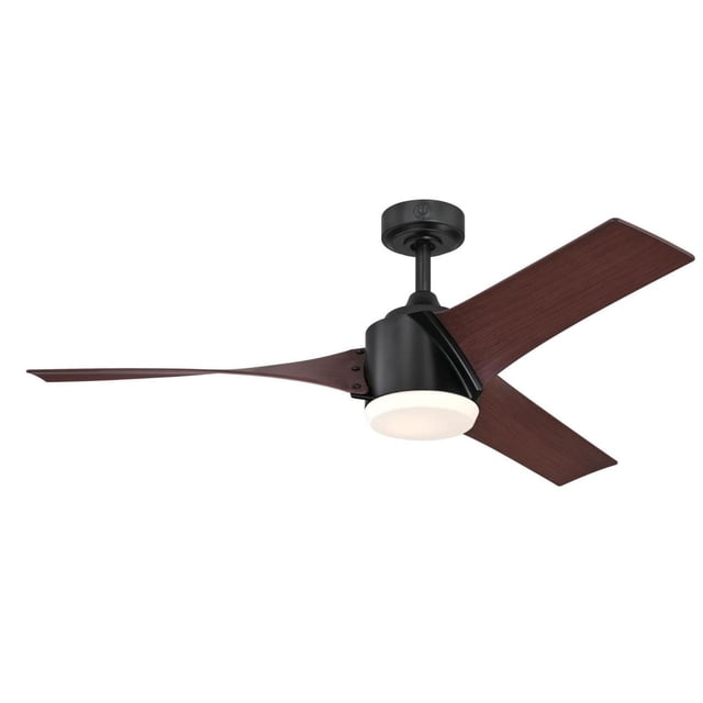Westinghouse Evan 52" matte black indoor ceiling fan with LED light fixture, featuring three curved walnut finish blades and integrated round LED light, ideal for large rooms up to 225 square feet, with remote control for four speeds, light dimming, and reverse airflow.