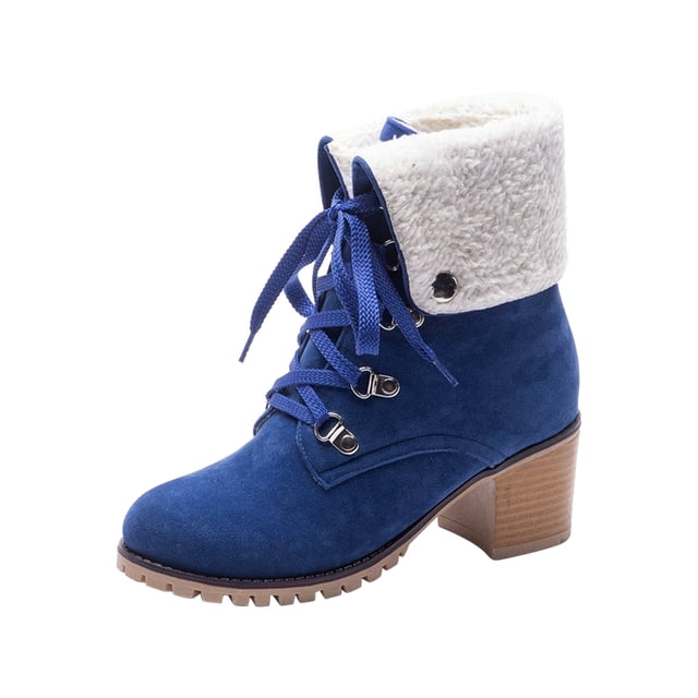 jsaierl Snow Booties Women's Solid Color Lace Up Ankle Boots Low Heel Comfy Fleece Suede Booties