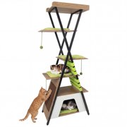 Costway 73" Wooden Multi-level Cat Tower with Elevated Perch, Large Condo, Dangling Balls Green + Natural