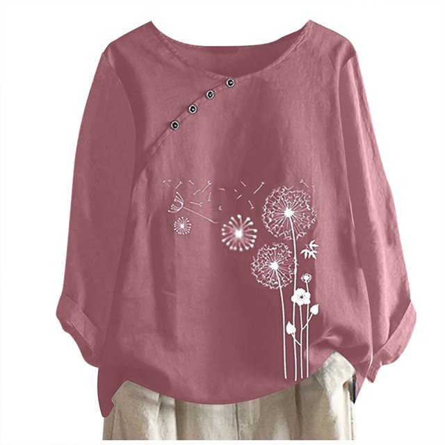 CHUANK Hauts pour Femmes en Solde à Moins de 10$ Hauts Décontractés Printemps Été Manches Longues en Coton Lin Imprimé Graphique Pissenlit Col Rond Blouses Vintage Grande Taille