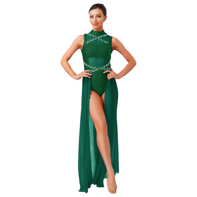 renvena Costumes de Danse Lyrique pour Femmes Sans Manches à Col Roulé Dos Nu Robe Maxi en Maille Tulle Vert Foncé TG