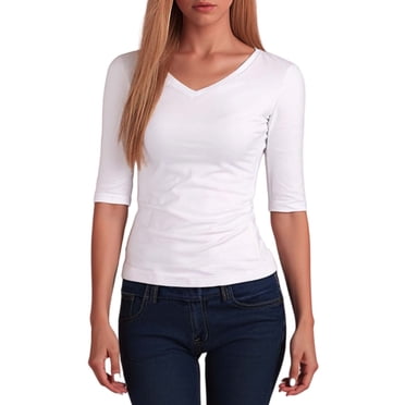 Lixiuxyad T-Shirt à Col en V à Manches Courtes pour Femme, Haut Basique Décontracté, Confortable et Doux, T-Shirt de Tous les Jours pour le Printemps et l'Automne, Blanc, P