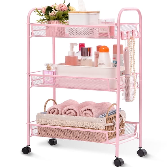 KK KINGRACK Rolling Cart, 3-Tier Metal Utility Storage Cart with Wheels for Office & Home, Pink, 17.2"D x 10.2"W x 24.8"H