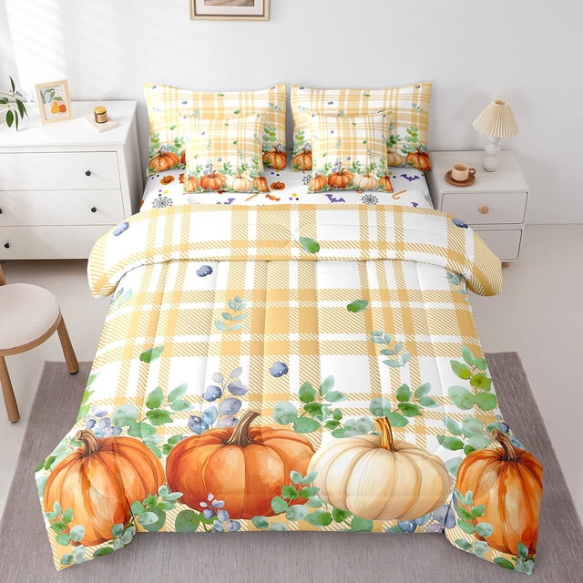 YST 7 Piece Bed in a Bag Queen Size Comforter Set for Kids Halloween Bedding Set,Vintage Pumpkin Reversible Bed Set,Thanksgiving Comforter with Sheet Set,All Season