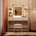 thumbnail image 2 of White Makeup Vanity Desk with Adjustable LED Lighted Mirror, Built-in Power Outlet, 6 Open Shelves, 2 Drawers and Matching Stool, Modern Dressing Table with Ample Storage for Bedroom, 2 of 6