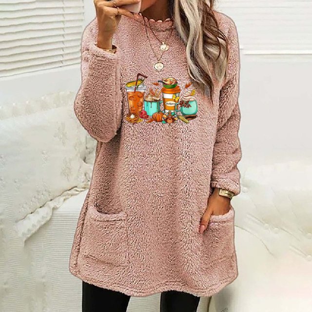 Halloween Liquidation Blouse à Manches Longues pour Femmes, Col Rond, Ample, Imprimée, avec Poche, Chaude, pour l'Hiver