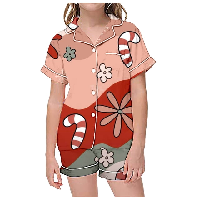 WEAIXIMIUNG Matching Christmas Pajamas Children's Christmas Print Short Sleeve Shorts Cardigan Children's Pyjamas Two Sets