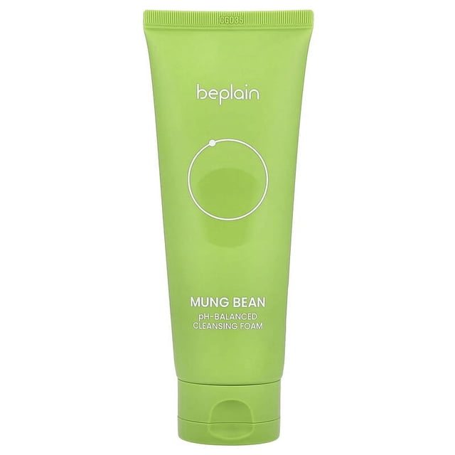 Beplain Greenful pH-Balanced Cleansing Foam, 5.41 fl oz, packaged in a green tube with white text and a simple circular design. This daily facial cleanser features Mung Bean Extract to remove impurities while maintaining skin hydration and comfort.