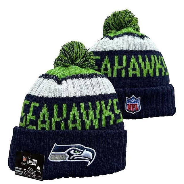 Seattle Seahawks Sport Fans Cuffed Stylish Toque Cap Knitted Beanie Hat 2024 Woolen Winter Football Cap Sport. This navy blue and green beanie features the Seahawks logo on the cuff, bold 'Seahawks' text in green across the crown, and a pom-pom on top. Made of knitted wool, it is designed for warmth and style during winter sports events or casual wear.