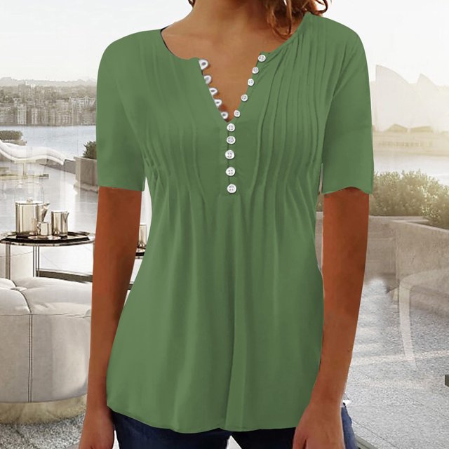 LSLJS Womens T Shirts Women's Fashion Casual Round Neck Pleated Solid Color Button Top Blouse