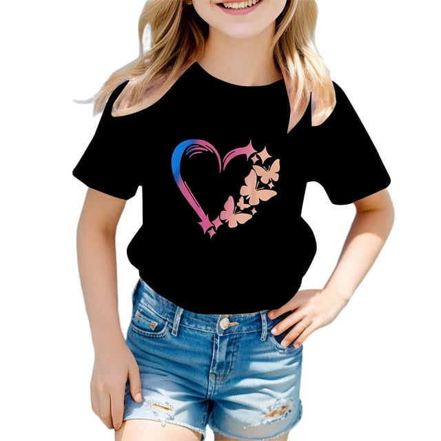 WEAIXIMIUNG Chandail à Manches Longues pour Enfants Fille Mignonne à Motif Col Rond T-Shirt à Manches Courtes T-Shirt d'Été Décontracté Hauts