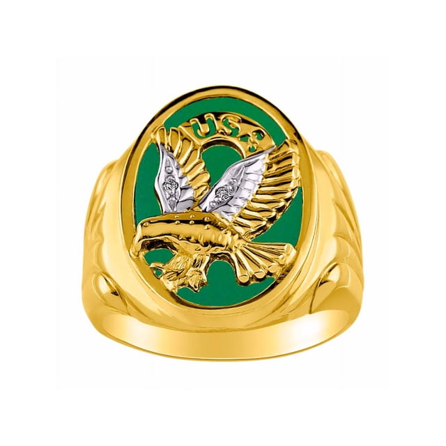 RYLOS Men's Rings 14K Yellow Gold Ring Designer Patriotic Eagle USA Ring With Diamonds and Green Quartz Rings For Men Size 8