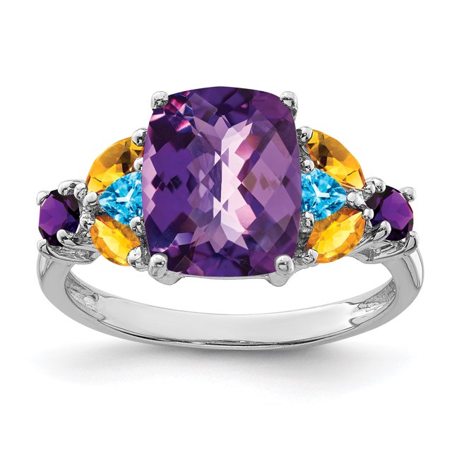 Bague en Argent Sterling 925 Rhodié avec Améthyste, Topaze Bleue et Citrine
