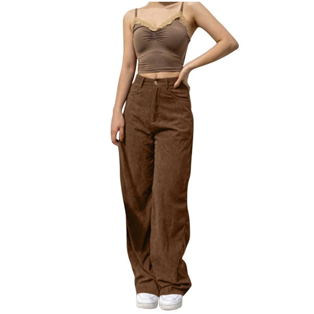 Pantalon Large pour Femmes Drapé de Rue Couleur Unie en Velours Côtelé Vert L