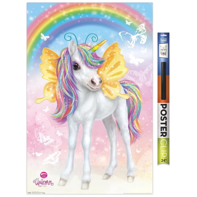 Animal Club - Unicorn Wall Poster, 14.725" x 22.375", a framed wall art featuring a white unicorn with a rainbow-colored mane and tail, golden butterfly wings, and a yellow horn, set against a pastel sky with a rainbow and white butterflies, suitable for kids' rooms and home décor.