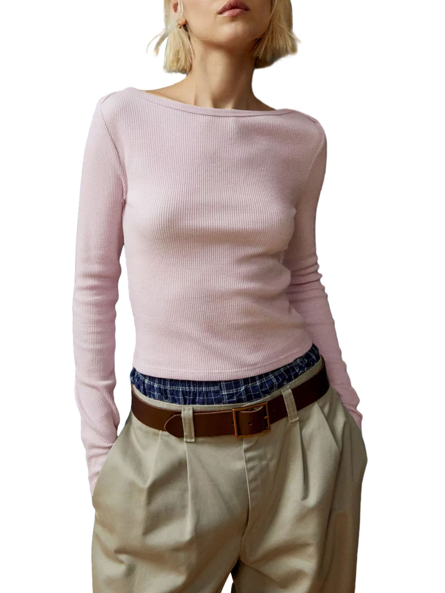 Faithtur T-shirt Femme Manches Longues Col Rond Uni/rayures Ajusté Hauts d'Automne Mode Urbaine