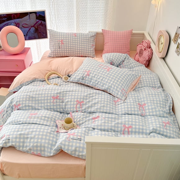 Nayoroom 2 Pieces Cute Cartoon Bowknot Twin Duvet Cover Set Pink Bow Blue Plaid Kawaii Geometric Comforter Cover for Kids Girls Boys