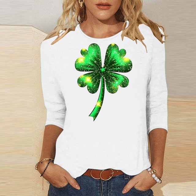 Elvqul Chandails à Col Rond pour Femmes T-Shirts Graphiques Mode Verts Chandail de la Saint-Patrick Manches 3/4 Grande Taille Hauts pour Femmes pour les Fêtes