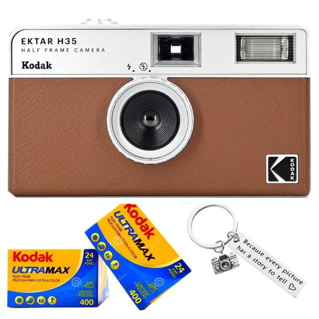 Kodak Ektar H35 Half-Frame Retro Camera in brown with a fixed-focus 22mm wide-angle lens (F/9.5) and built-in flash, bundled with two rolls of Kodak Ultramax 400 35mm color negative film (24 exposures each) and a stainless steel camera-style keychain engraved with 'Every Picture has a Story to Tell.' The camera is lightweight, compatible with 35mm film, and includes a strap and pouch for convenience.