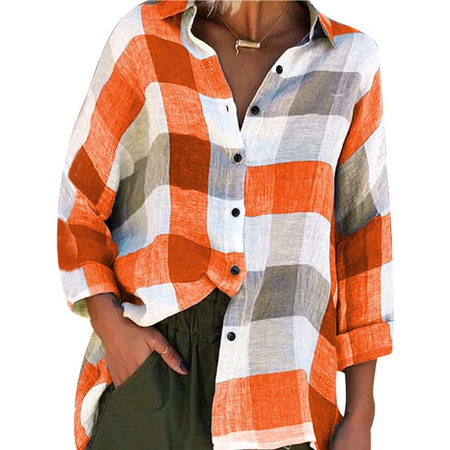 Innerwin Blouse Col à Revers Chemises pour Femmes Plage Boutonnée Hauts Décontractés Orange L
