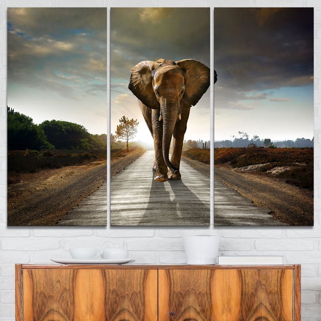 Design Art Impression sur Toile de Photographie d'Éléphant Marcheur Simple, une Toile en Coton Enveloppée à Trois Panneaux Mettant en Vedette un Éléphant Centré Marchant sur une Route Pavée avec un Ciel au Coucher du Soleil et un Paysage Naturel des Deux Côtés, Imprimée avec une Encre giclée Haute Résolution, Prête à Accrocher et Conçue au Canada, Idéale pour Ajouter de la Vie aux Murs de la Maison Ou du Bureau.