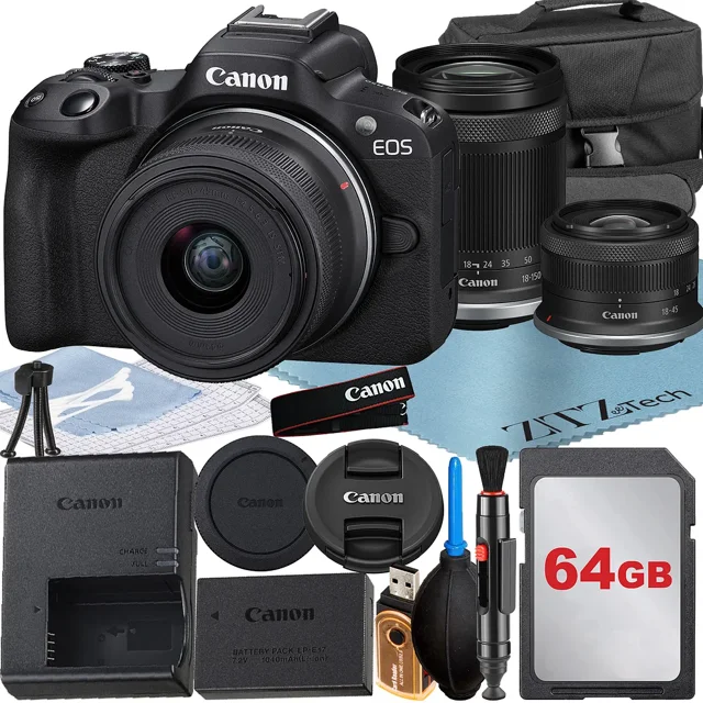 Canon EOS R50 Appareil Photo Sans Miroir avec Objectif RF-S 18-45mm + 18-150mm + Carte Mémoire 64 Go + Étui + Ensemble d'Accessoires ZeeTech