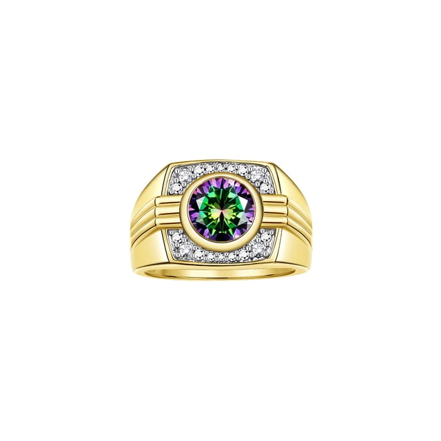 RYLOS Mens Rings 14K Yellow Gold Designer Round Gemstone & Sparkling Diamond Ring Alexandrite June Birthstone Rings For Men, Men's Rings, Gold Rings Sizes 8 - 13